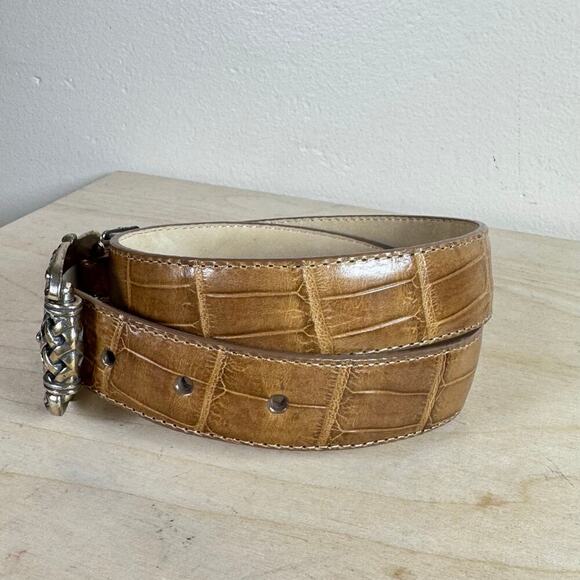 Brighton vintage Light Tan Leather Belt Silver Classic Small 28-30” Croc Emboss - Picture 2 of 5
